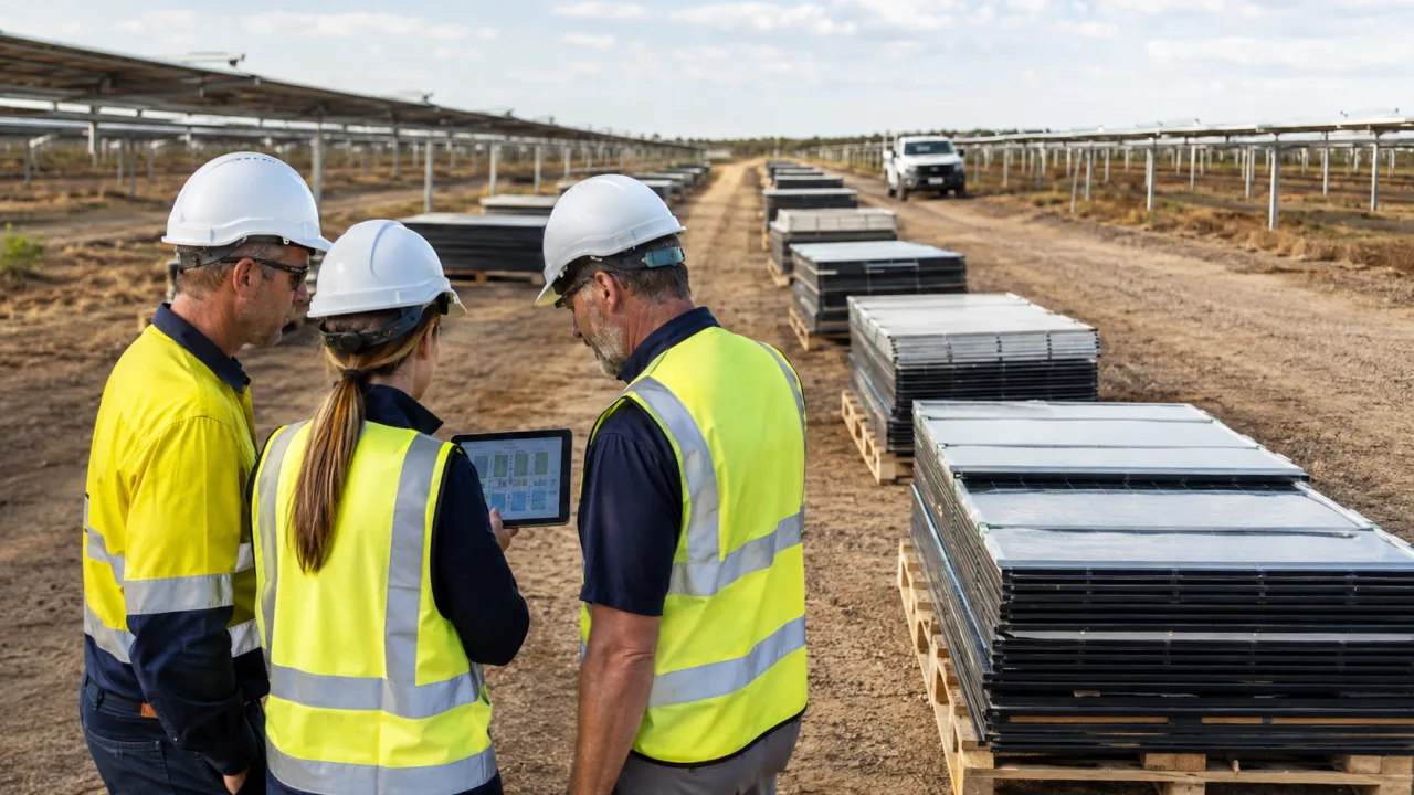 Solar project team comparing staged removed panel batches and access-route information at ground level