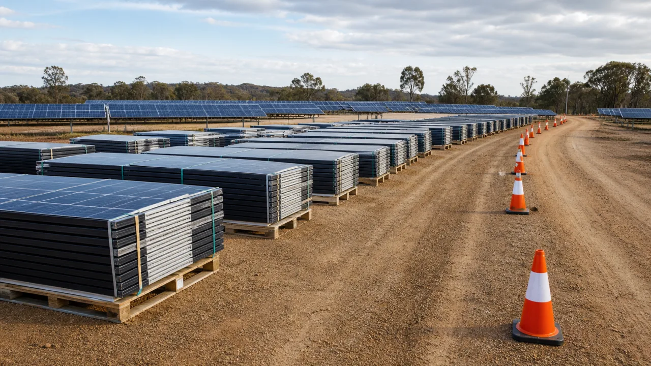 Safely staged removed solar panels arranged in distinct ground-level batches beside a solar-farm access lane