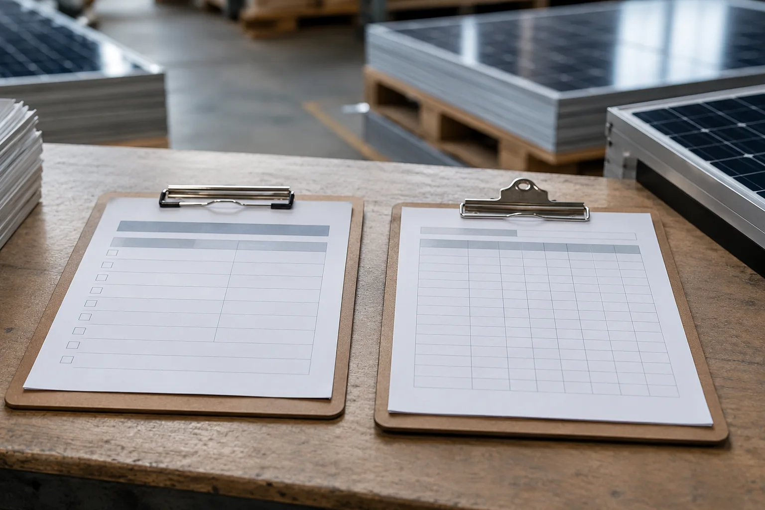 Two generic paperwork records beside a warehouse batch of solar panels