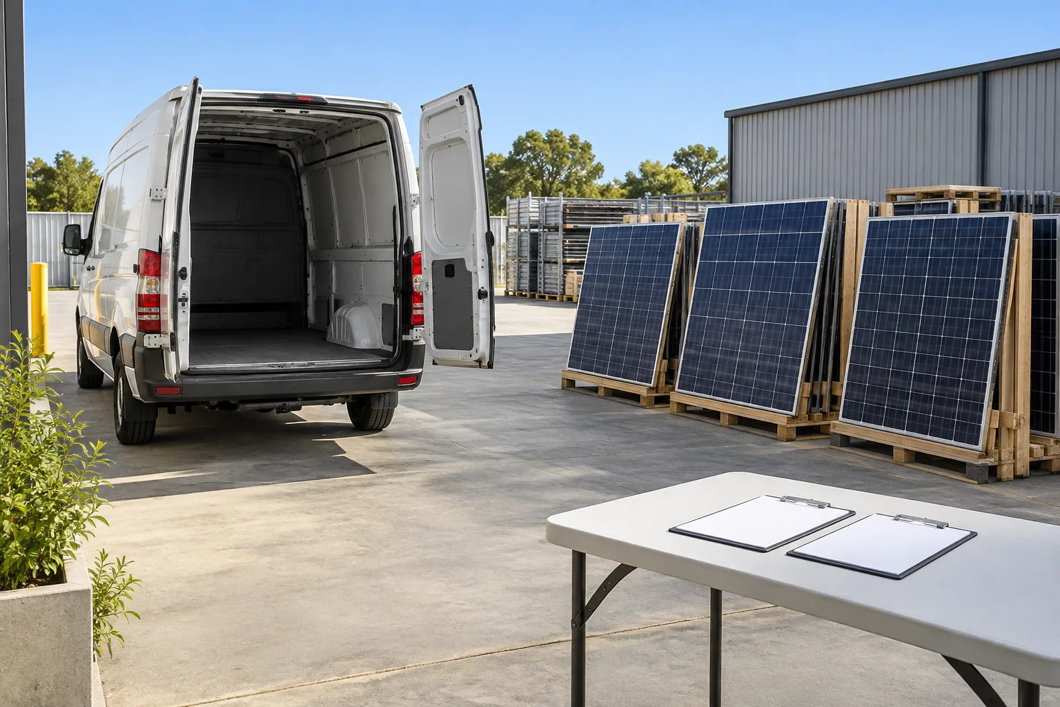 Stationary unbranded cargo van beside a ground-level solar-panel staging area and two blank clipboards