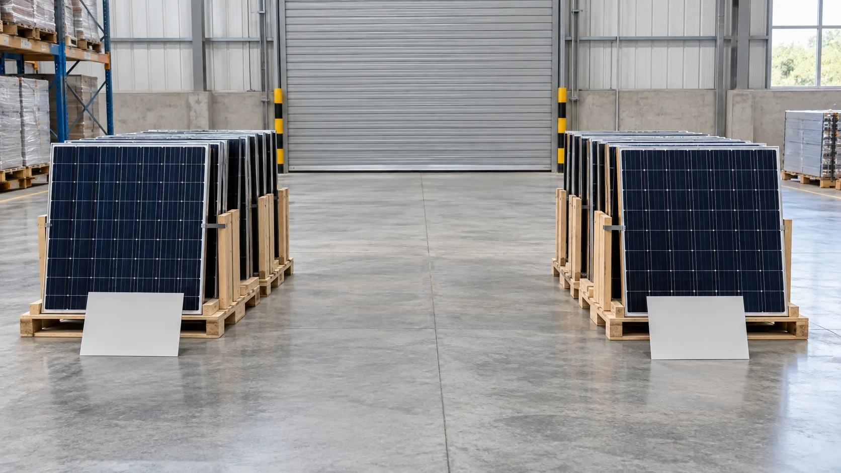 Two separated groups of ground-level solar panels in distinct warehouse bays