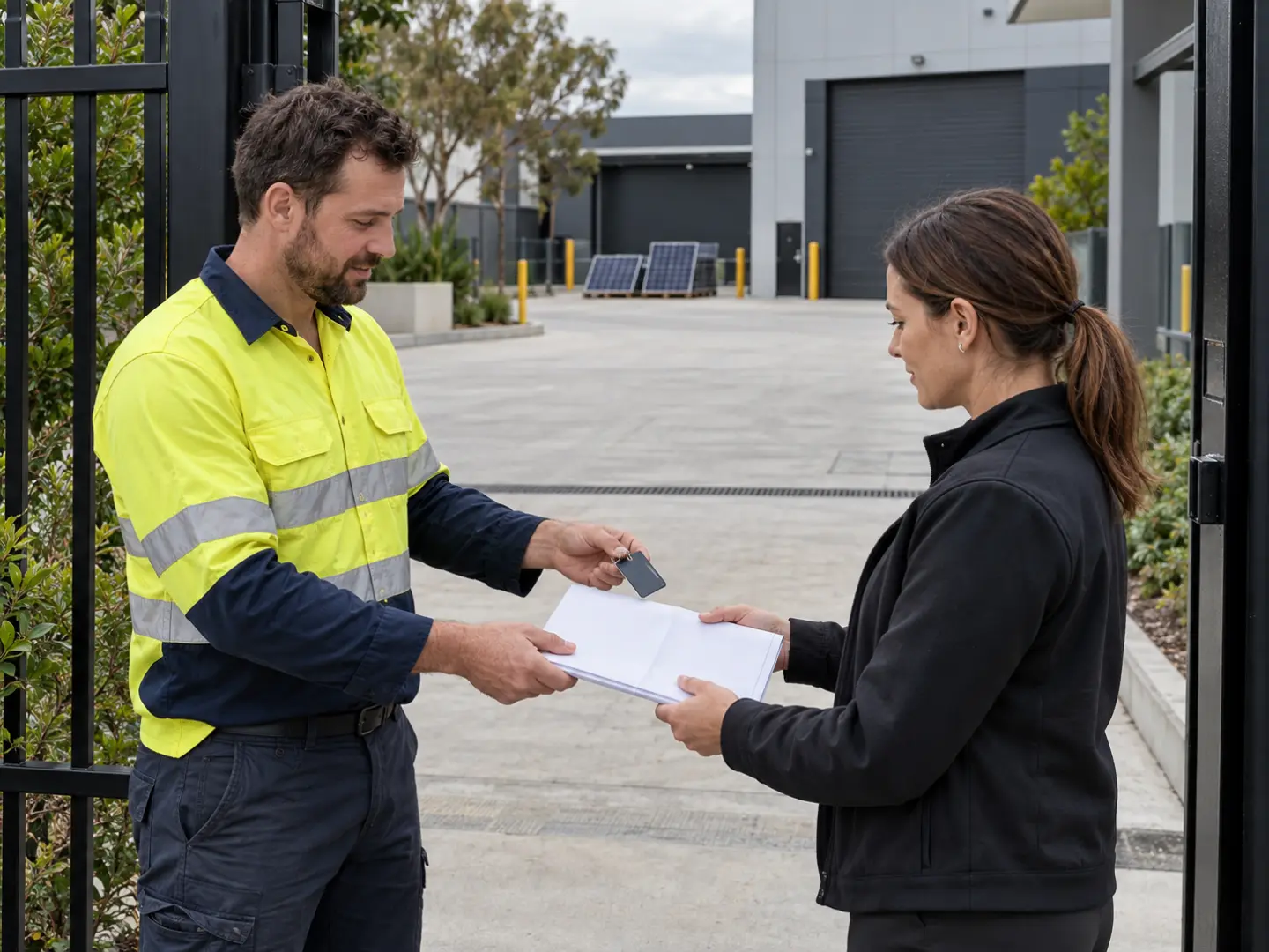Installer passing a site sketch and key card to a coordinator at a commercial access gate