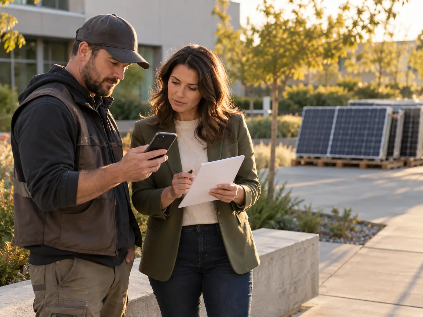 Installer and facilities contact comparing a phone and paper note near ground-level solar panels