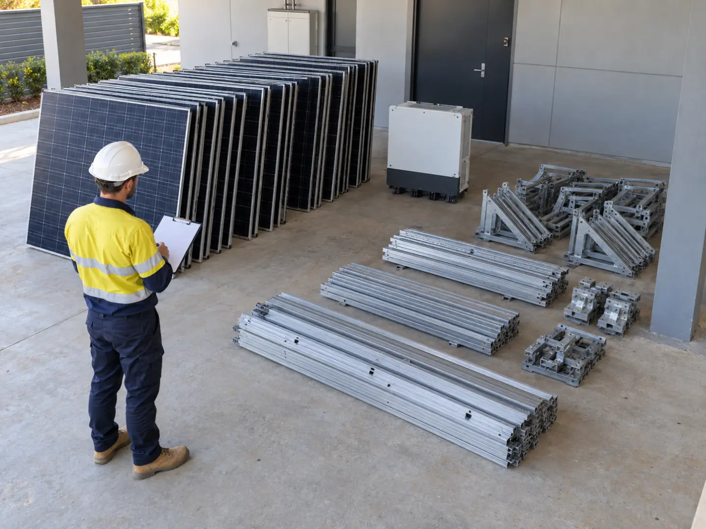 Installer reviewing separately grouped solar panels, rails, racking and inverter equipment