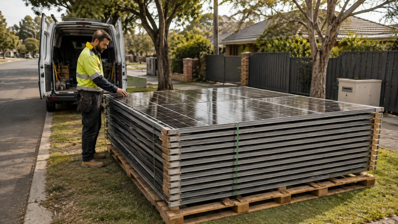 Removed solar panels stacked and ready for a Trade Account collection at a Sydney job site