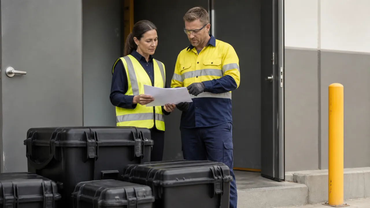 Facilities coordinator and qualified electrician reviewing an equipment handover beside closed protective transport cases