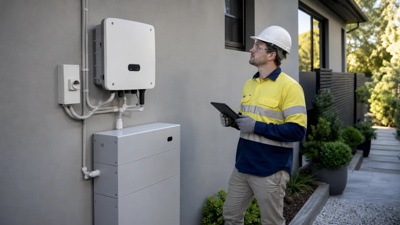 Qualified solar professional visually reviewing an unbranded inverter and battery enclosure before any replacement work