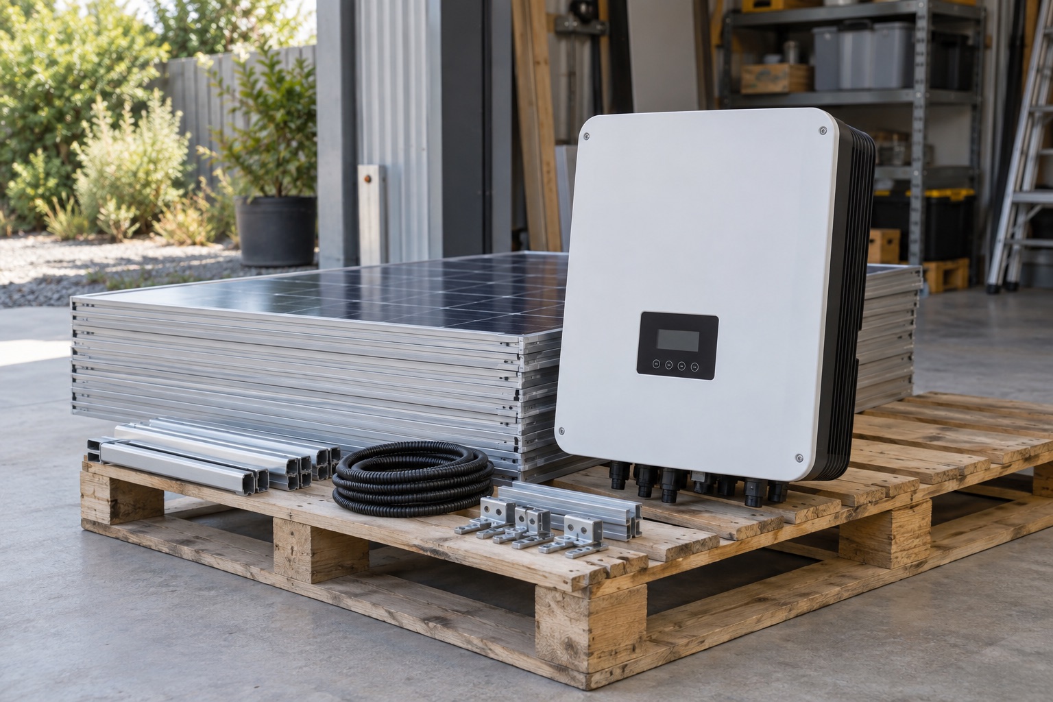 Editorial view of a detached inverter, solar panels and related equipment arranged for inventory