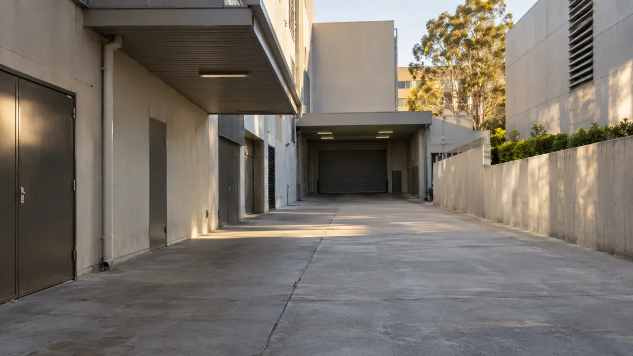 Illustrative empty commercial service corridor showing a clear covered ground-level access route