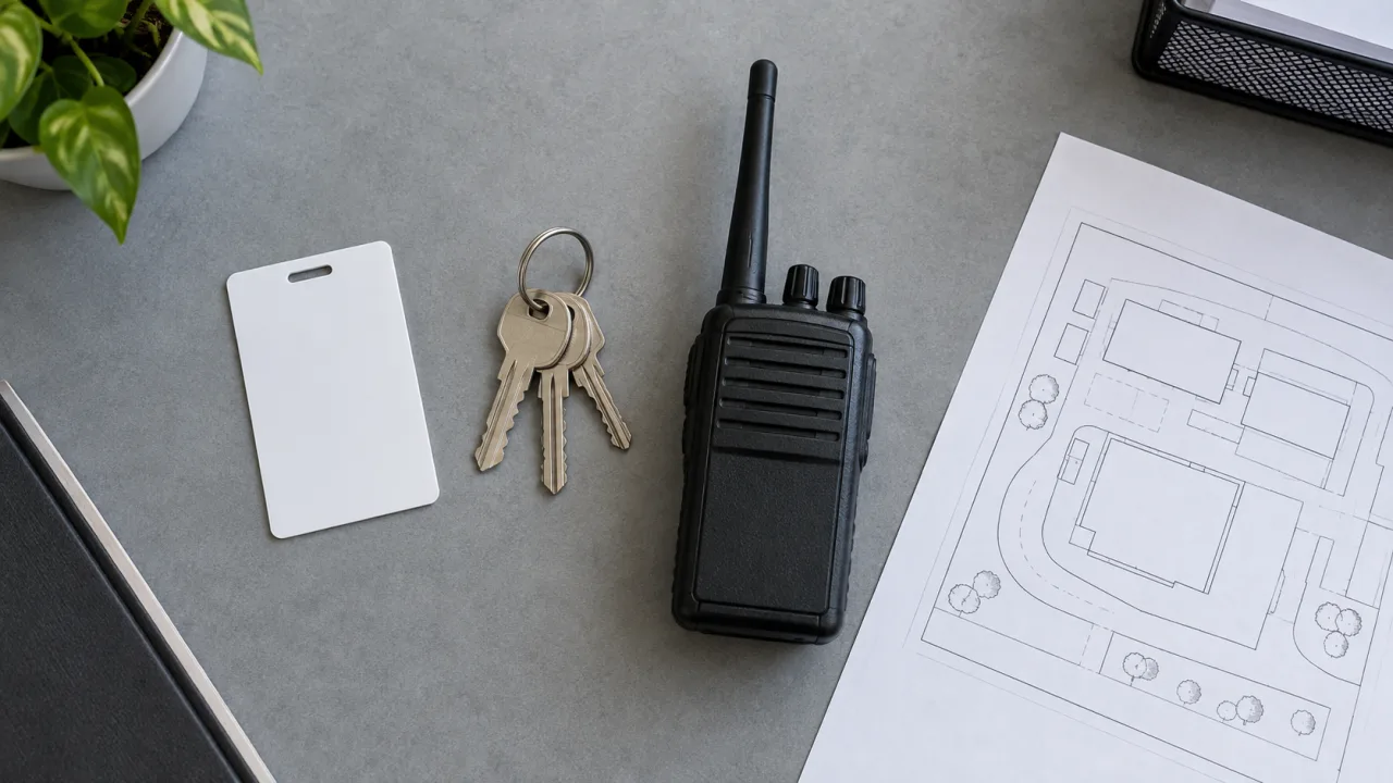Illustrative access card, keys, two-way radio and simple unlabelled site map arranged for commercial-site coordination