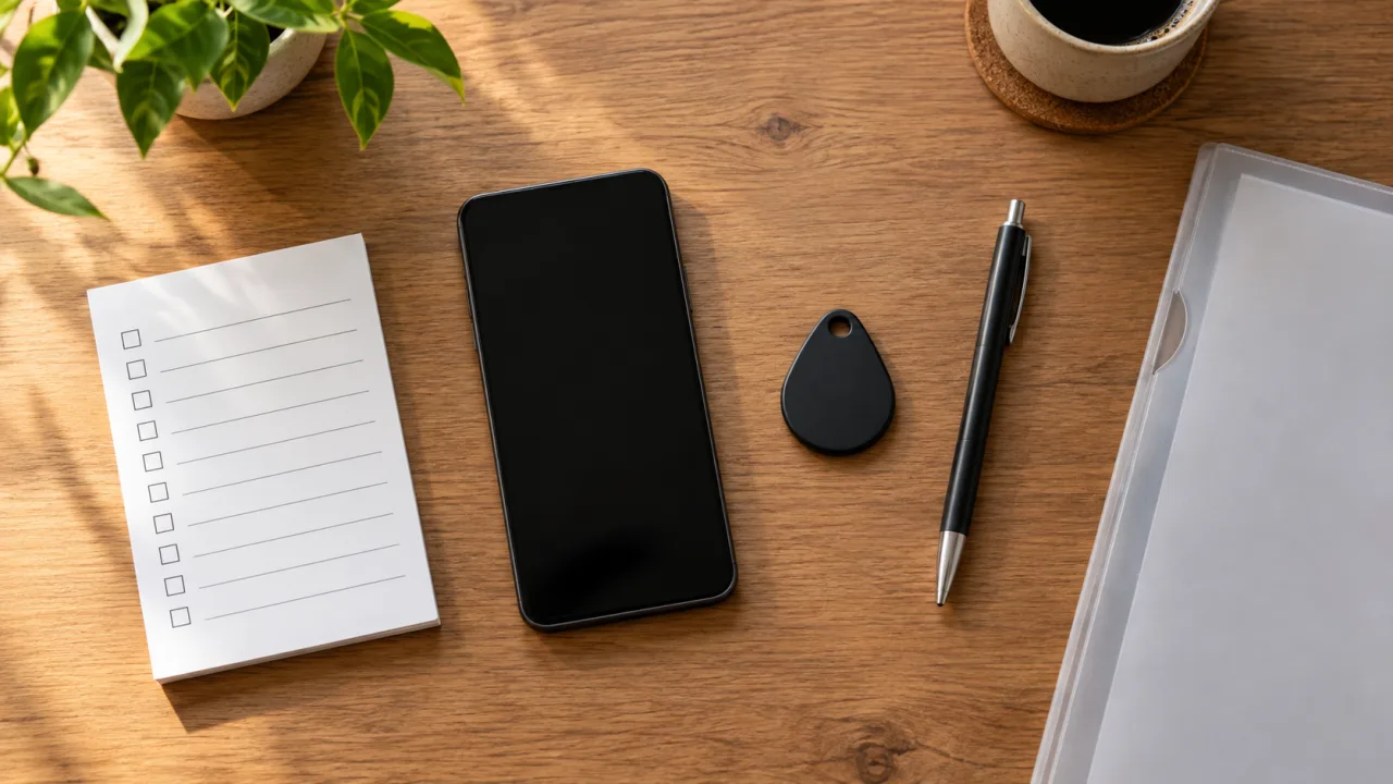 Illustrative blank checklist pad, inactive phone, access fob, pen and document sleeve arranged for a commercial-site handover