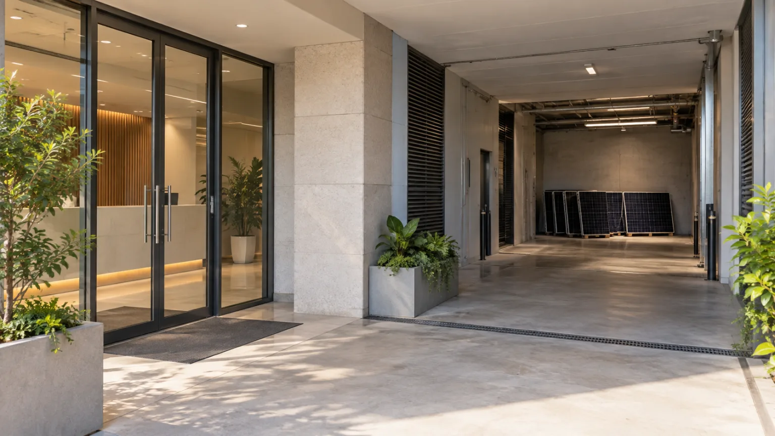 Illustrative commercial property service entrance with a small group of already removed solar panels staged inside a distant sheltered bay