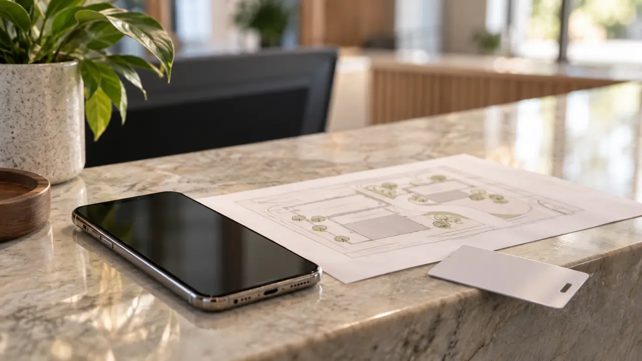 Phone, site plan and keycard for a commercial access handover