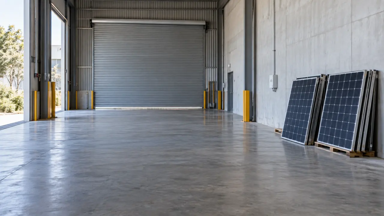 Removed solar panels staged in a commercial loading bay