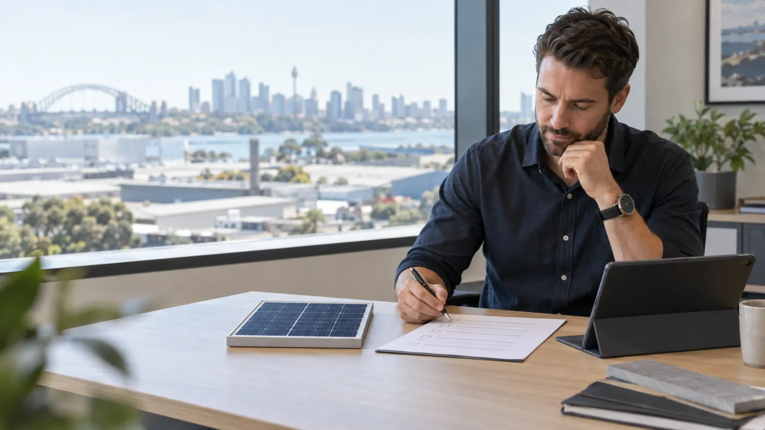 Sydney project coordinator reviewing a solar-panel collection scope checklist