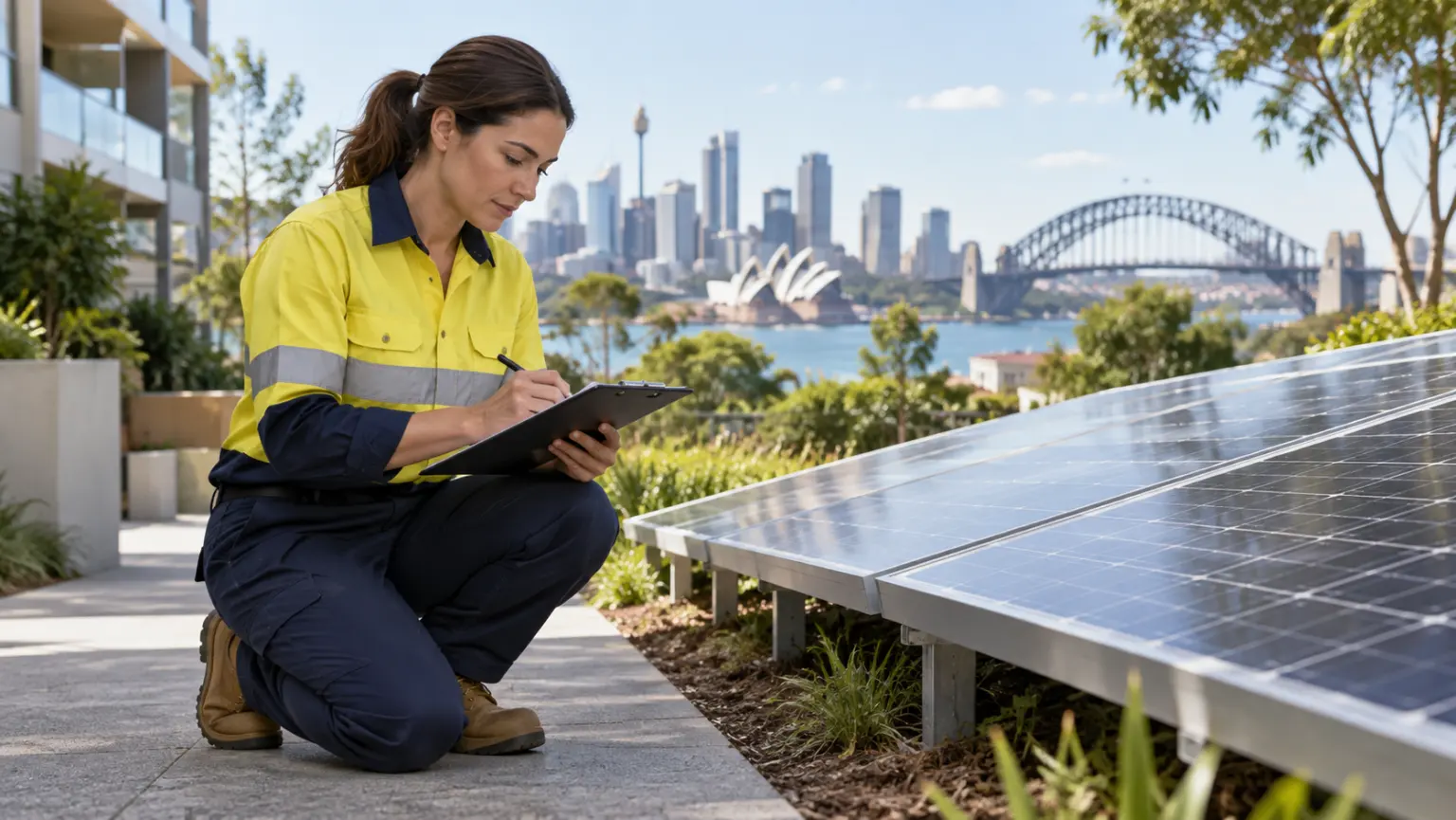 Illustrative project coordinator reviewing a ground-level solar equipment handover