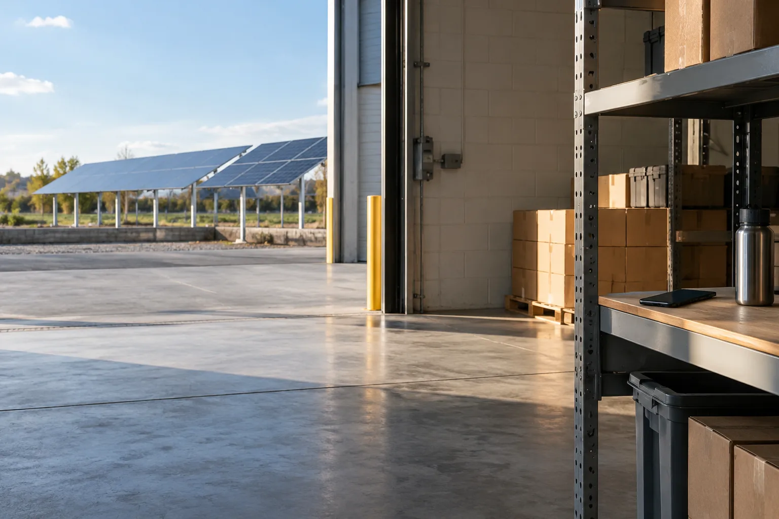 Warehouse ground-level staging area with a clear path and solar panels on supports