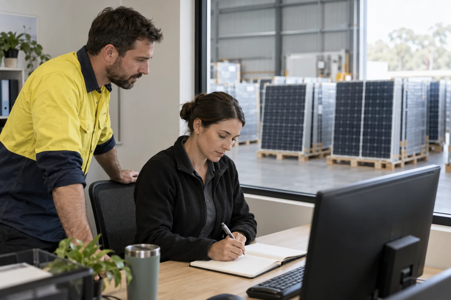 Two warehouse professionals updating a blank record while viewing solar panels at ground level
