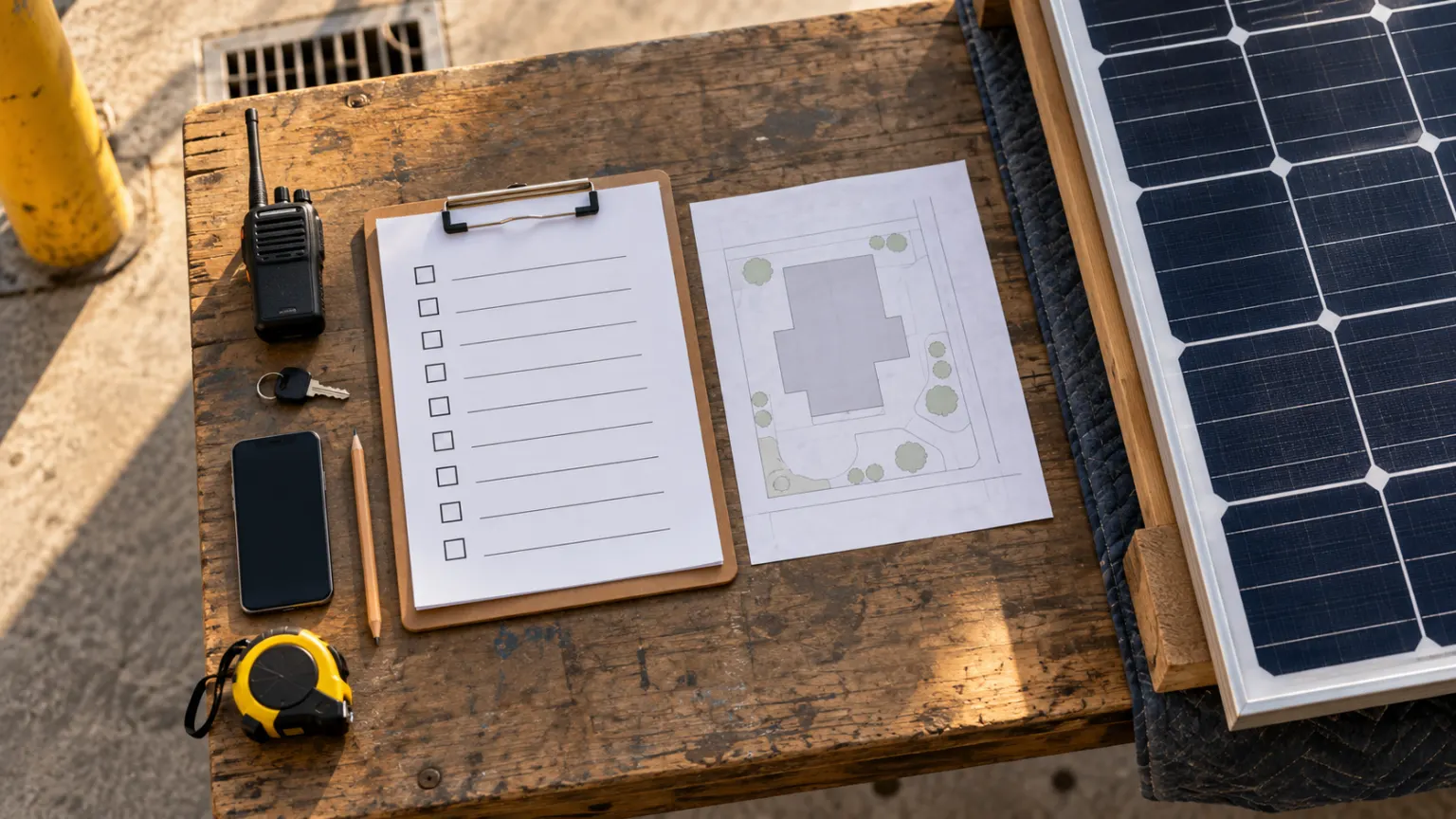 Overhead illustrative site-contact kit with a blank checklist, site map, radio, key, phone and the edge of a removed solar panel