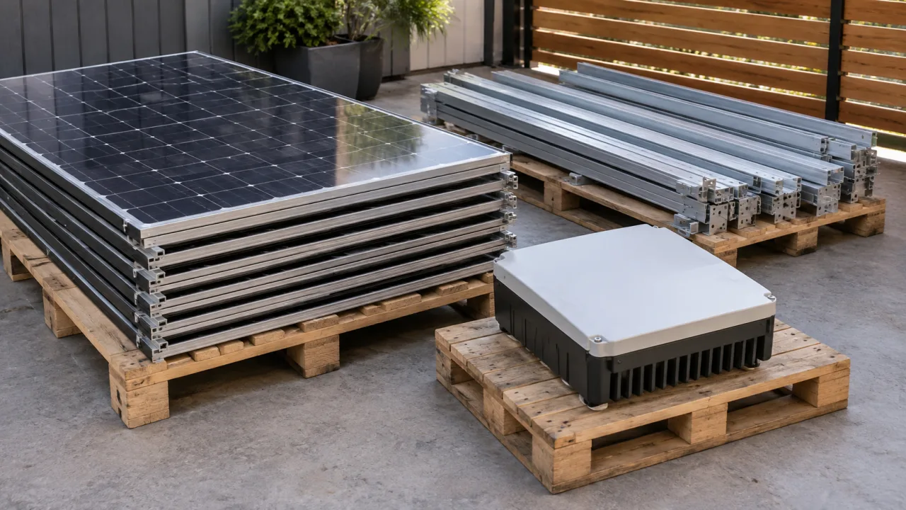 Illustrative separated groups of removed solar panels, mounting rails and a compact inverter on ground-level timber pallets