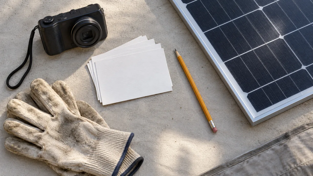 Illustrative camera, blank record cards, gloves and a solar panel corner prepared for factual condition notes