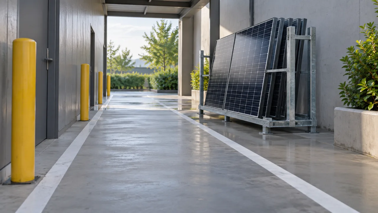 Illustrative ground-level covered access lane leading past safely staged removed solar panels