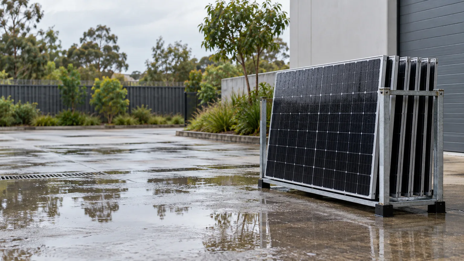 Illustrative rain-cleared Sydney service yard with already removed solar panels safely staged upright at ground level
