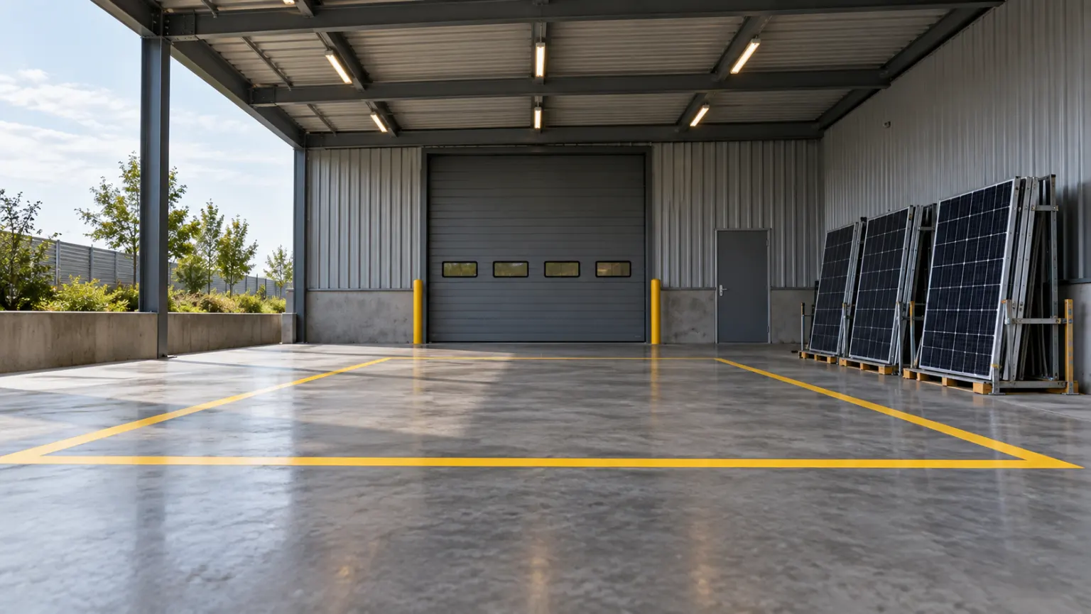 Illustrative commercial service entrance with already removed solar panels staged at ground level