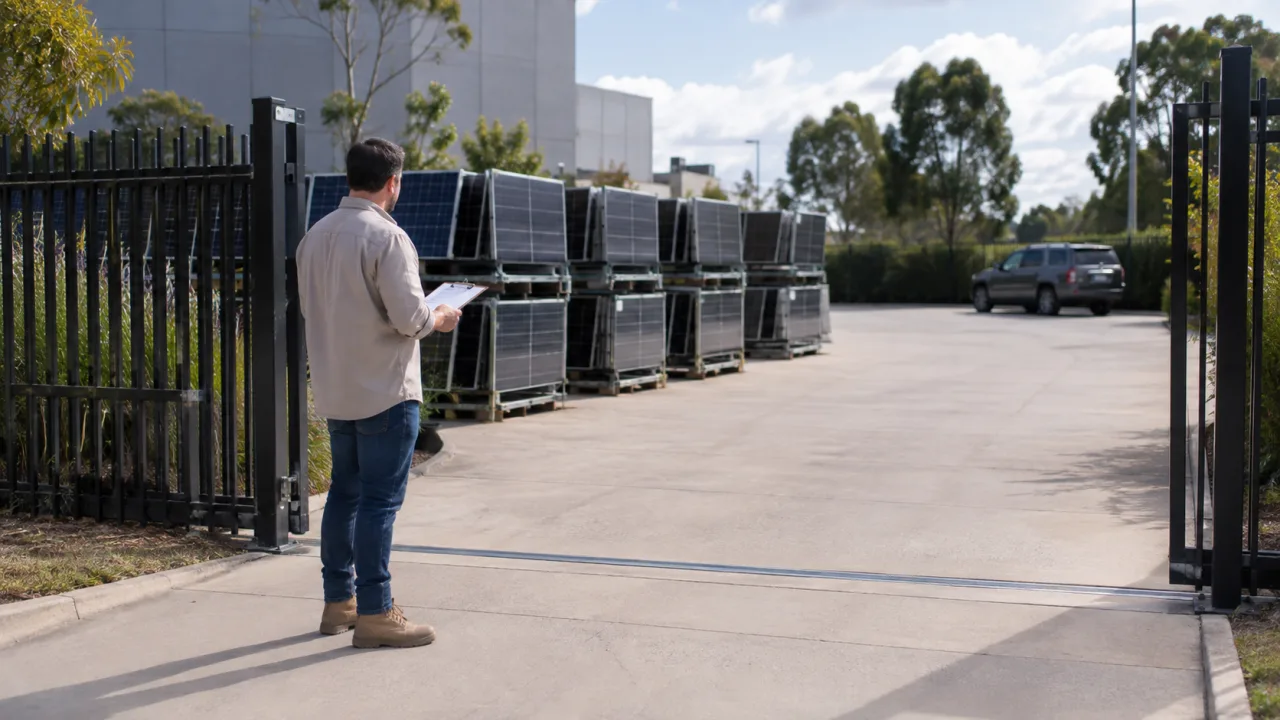 Site coordinator checking a gated loading access route beside safely racked removed solar panels