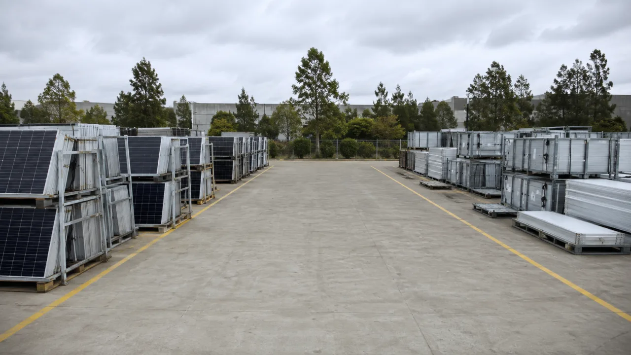 Distinct ground-level batches of removed solar panels and separate equipment staged beside a wide clear loading path