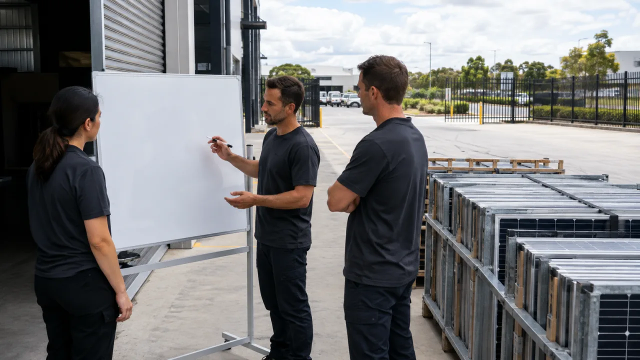 Three project coordinators reviewing a blank planning board beside securely staged removed solar panels and an open loading lane