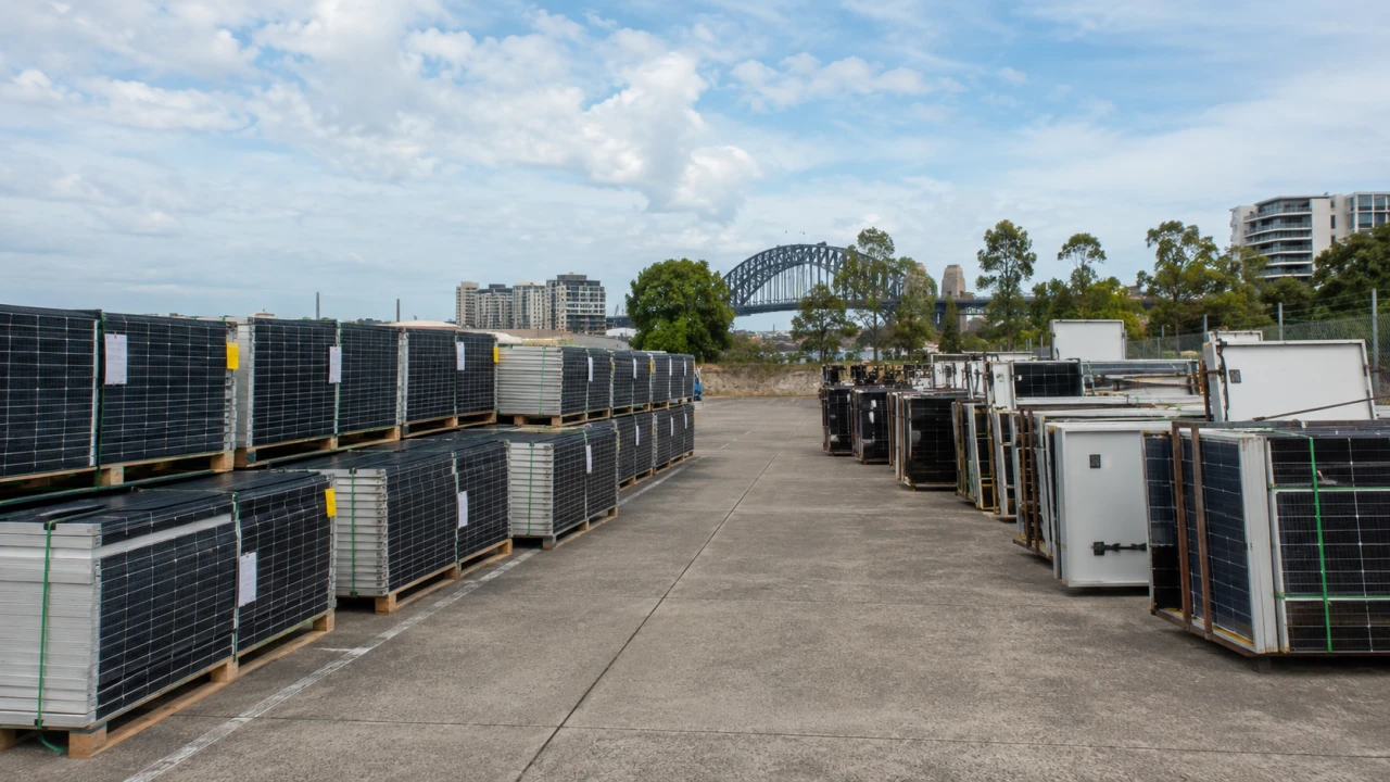 Solar panels being sorted for recycling versus disposal at a Sydney collection site