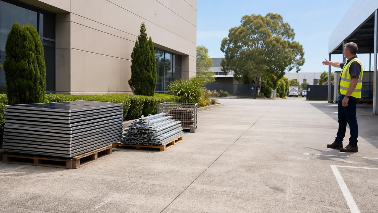 Removed solar panels and separated solar components safely staged beside a clear commercial loading access route
