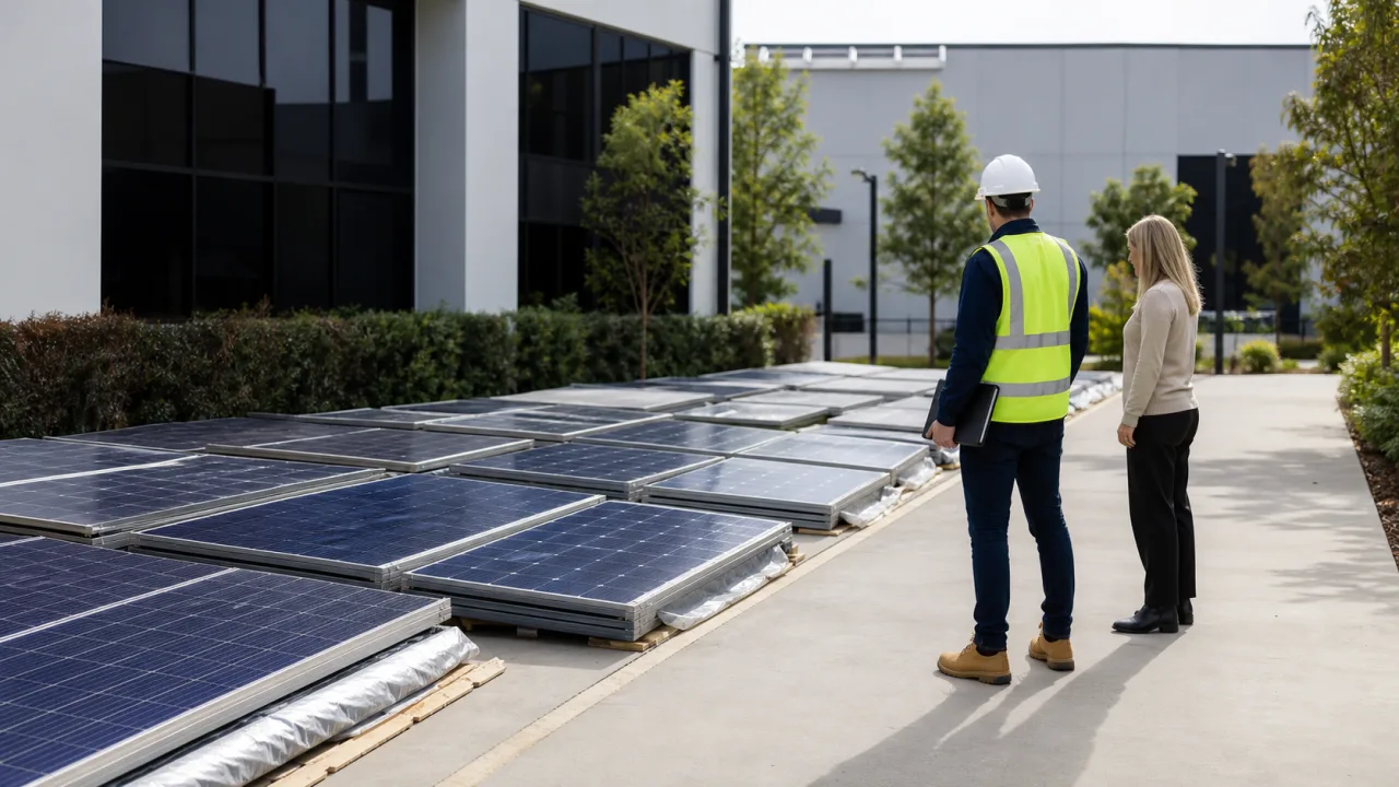 Project representatives observing safely staged removed solar panels from a ground-level access path