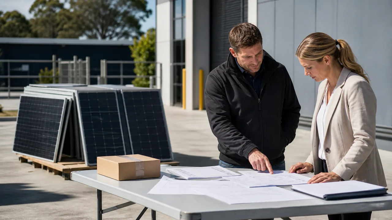 Project representatives reviewing equipment records beside safely staged removed solar panels at a ground-level handover area