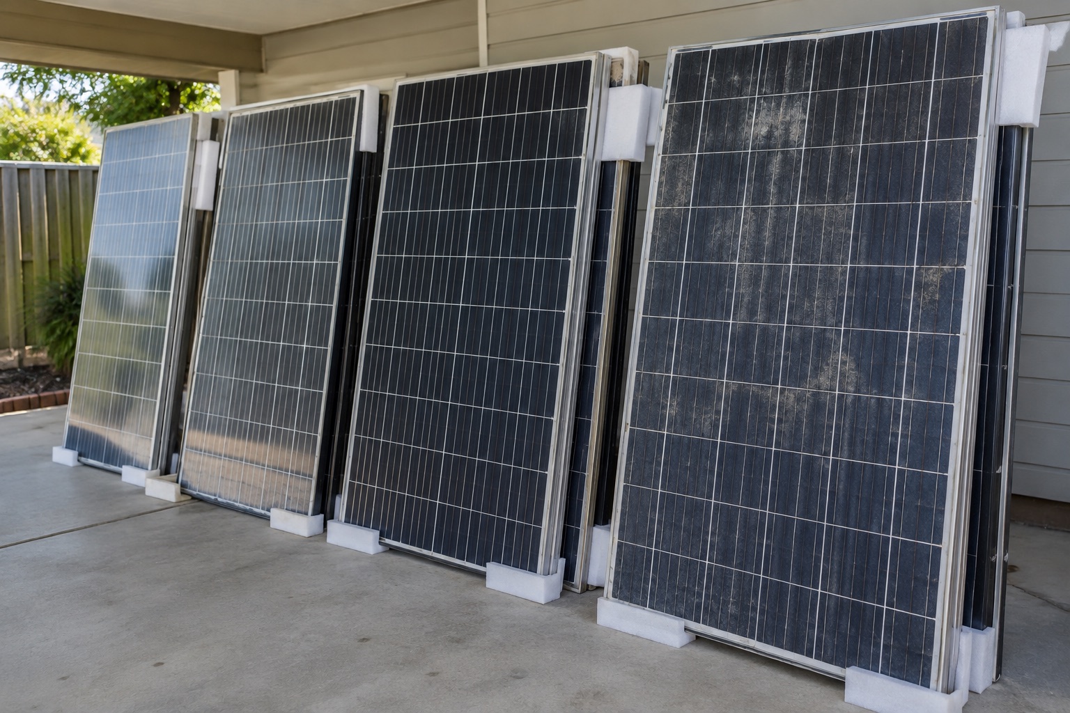 Editorial view of removed solar panels separated upright for broad-condition and count checks