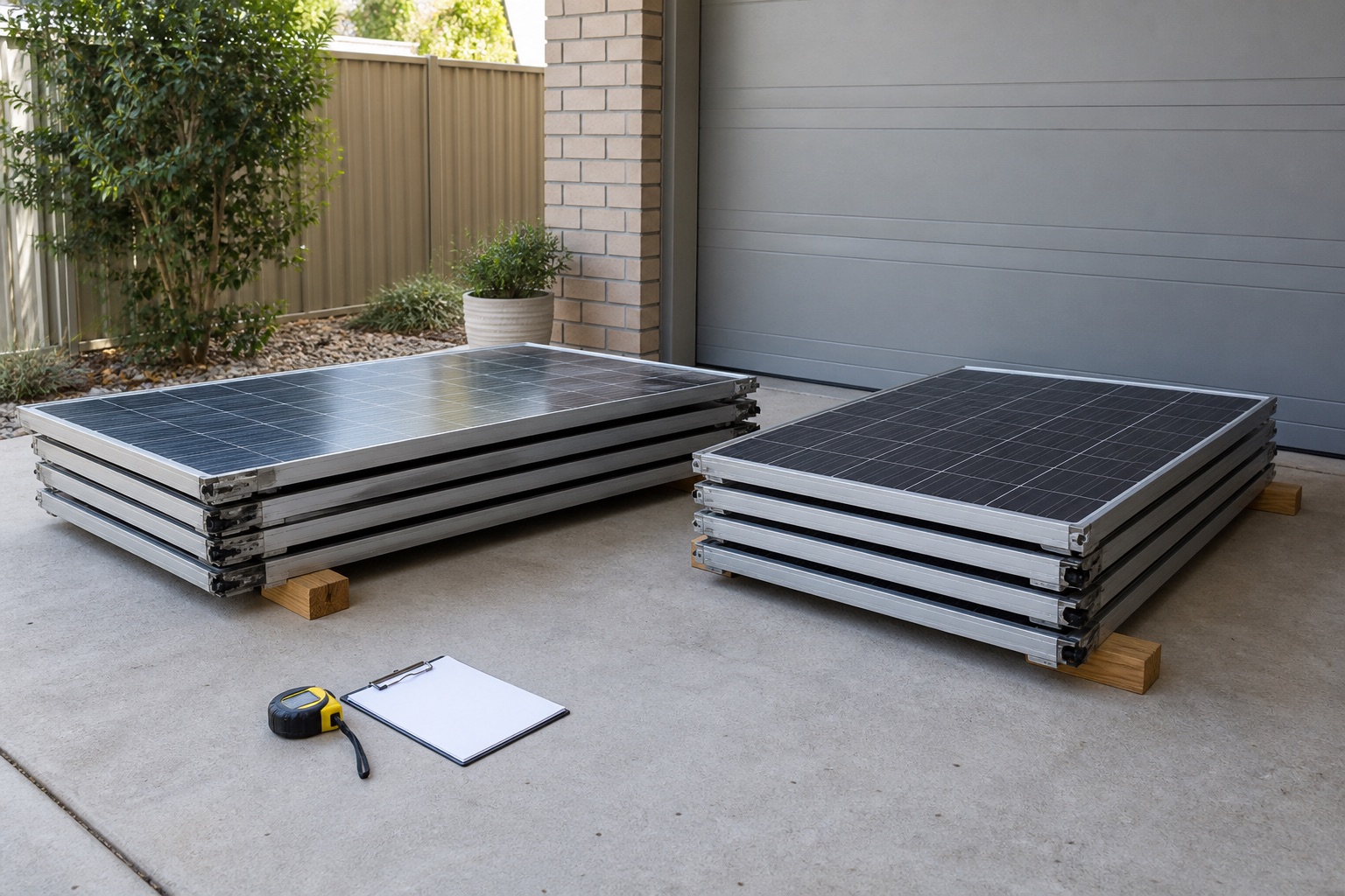 Editorial view of a small ground-level solar-panel batch prepared for counting beside a home driveway