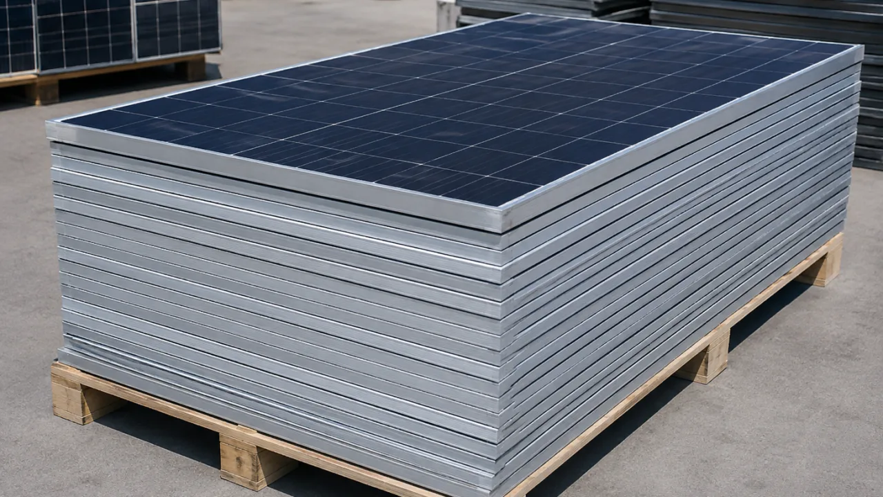 A uniform pallet of sound same-model solar panels graded for reuse