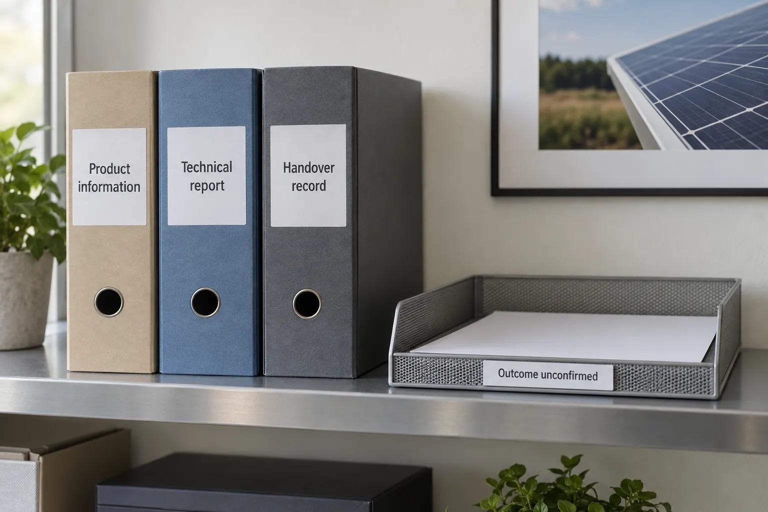 Separate Product information Technical report and Handover record folders beside a blank tray labelled Outcome unconfirmed