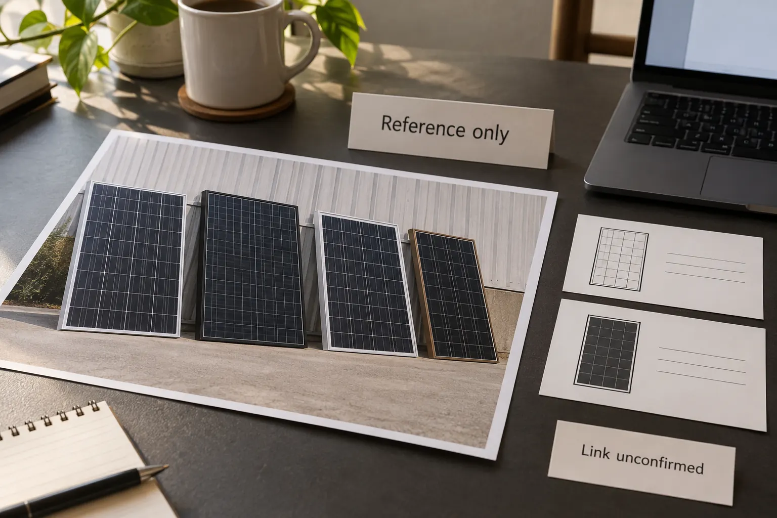 Print of differently framed photovoltaic modules beside blank product-outline cards labelled Reference only and Link unconfirmed
