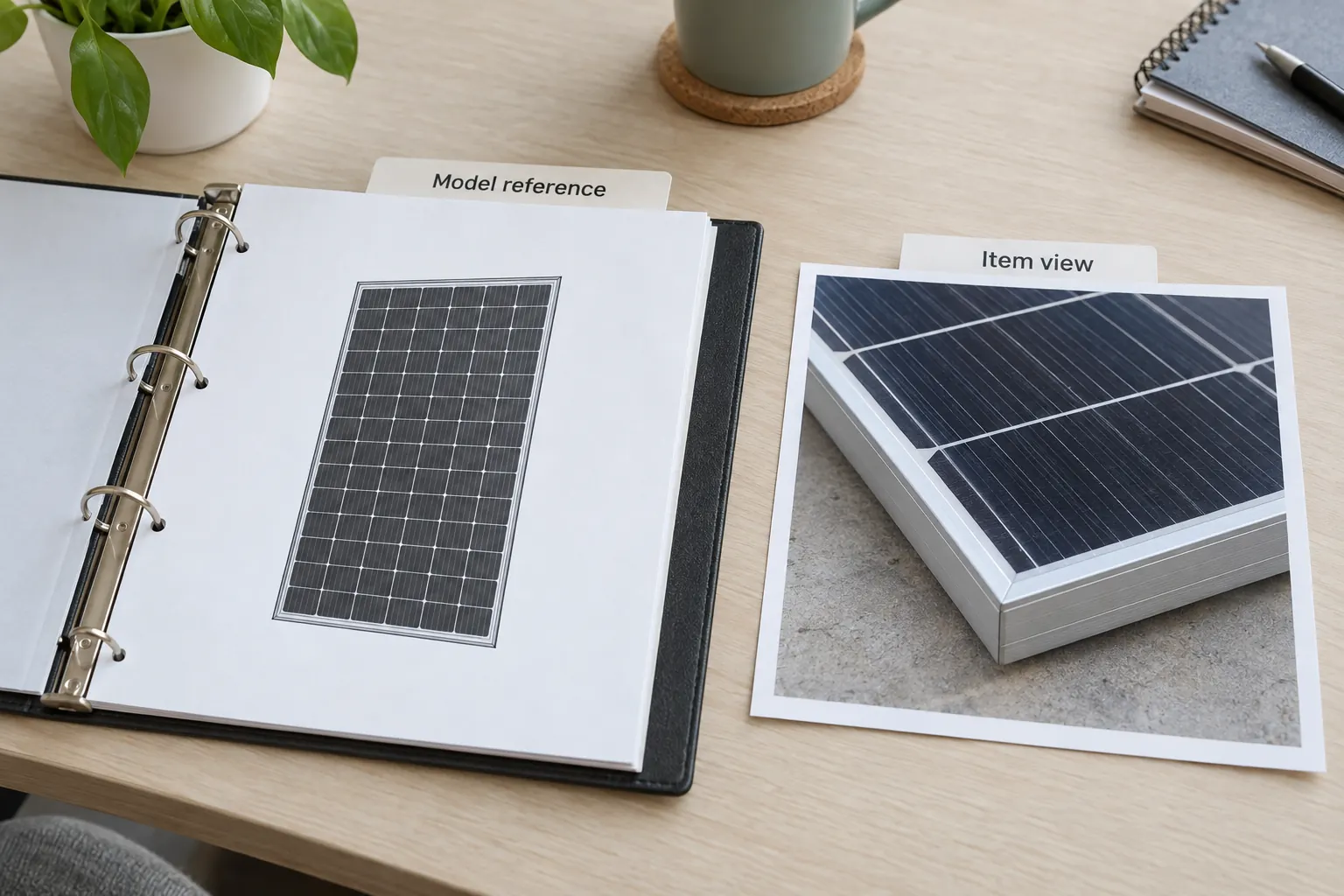 Open binder with a module drawing and Model reference divider beside a panel-corner print with an Item view card