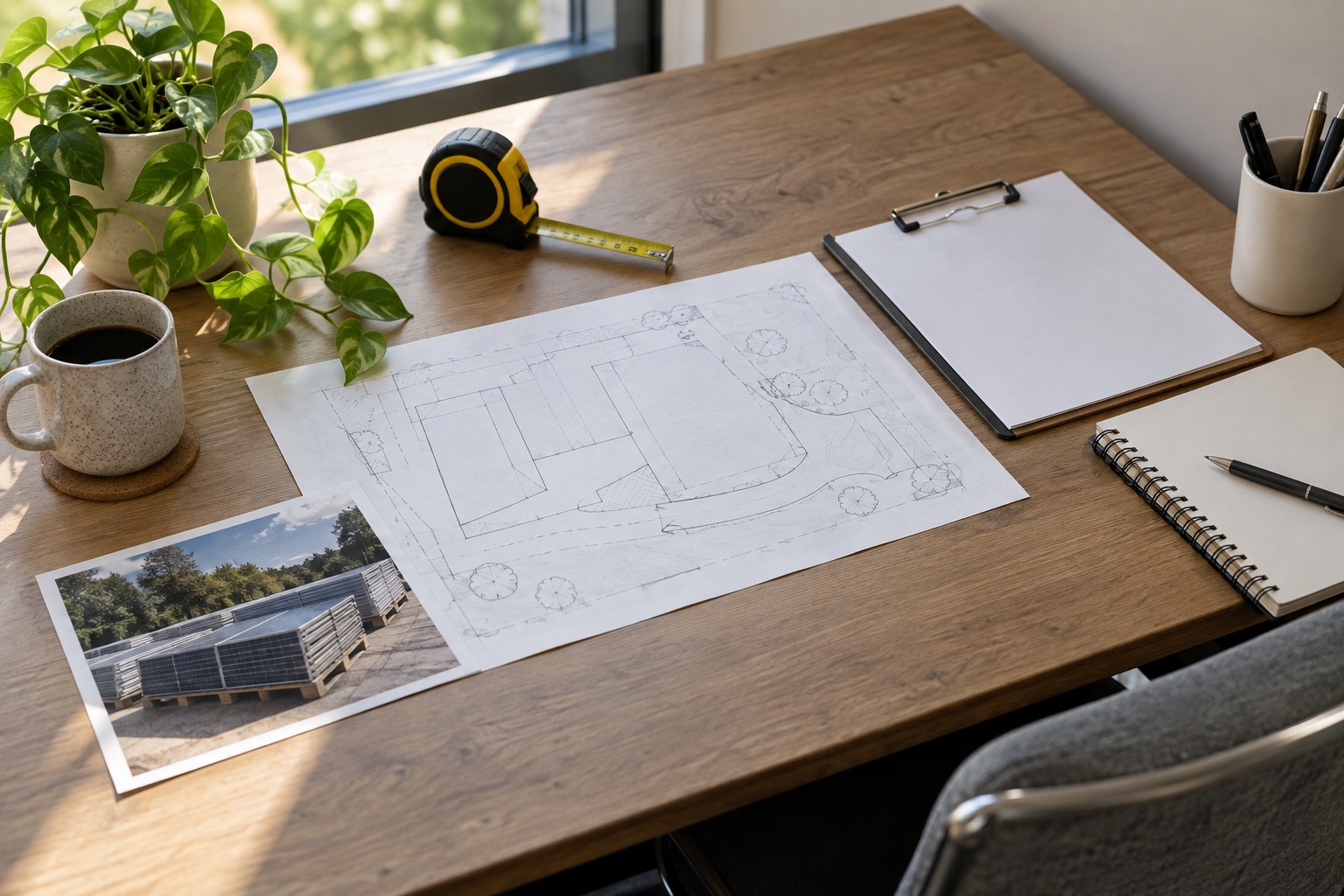 Editorial desk scene showing a blank site-access sketch and a solar-panel staging photograph