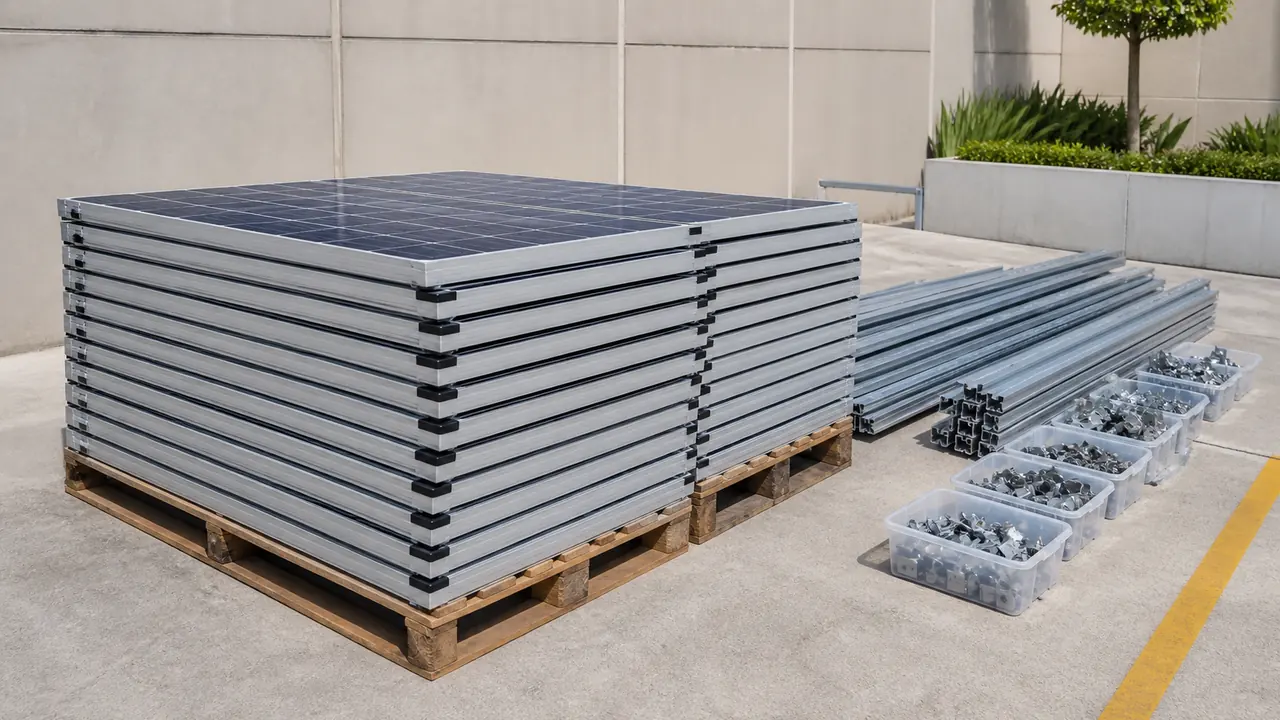 Safely staged removed solar panels, mounting rails and grouped clamps ready for scope confirmation at ground level