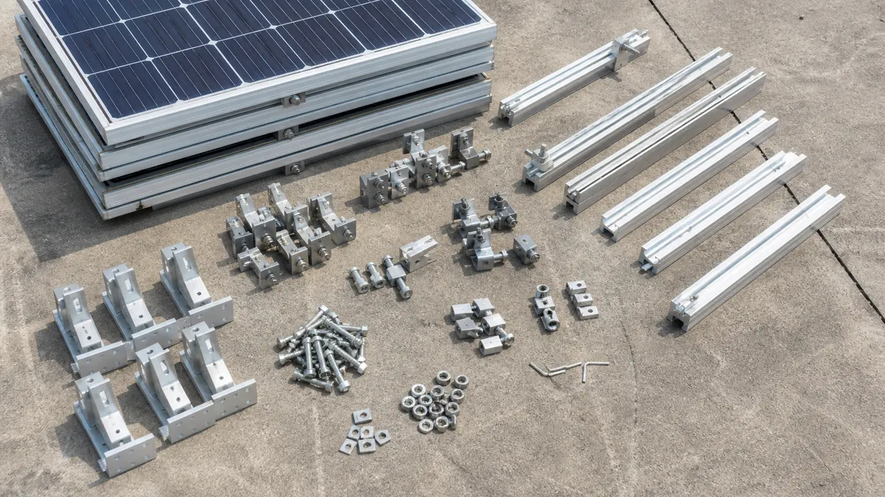 Removed solar panels with mounting rails, brackets, clamps and fixings grouped separately for an equipment inventory