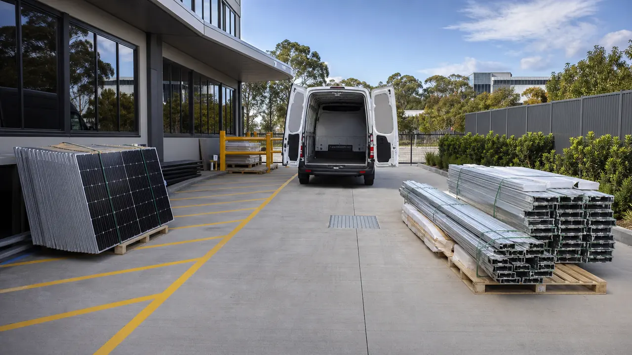 Clear ground-level loading route between staged removed solar panels, bundled mounting rails and an unbranded collection vehicle