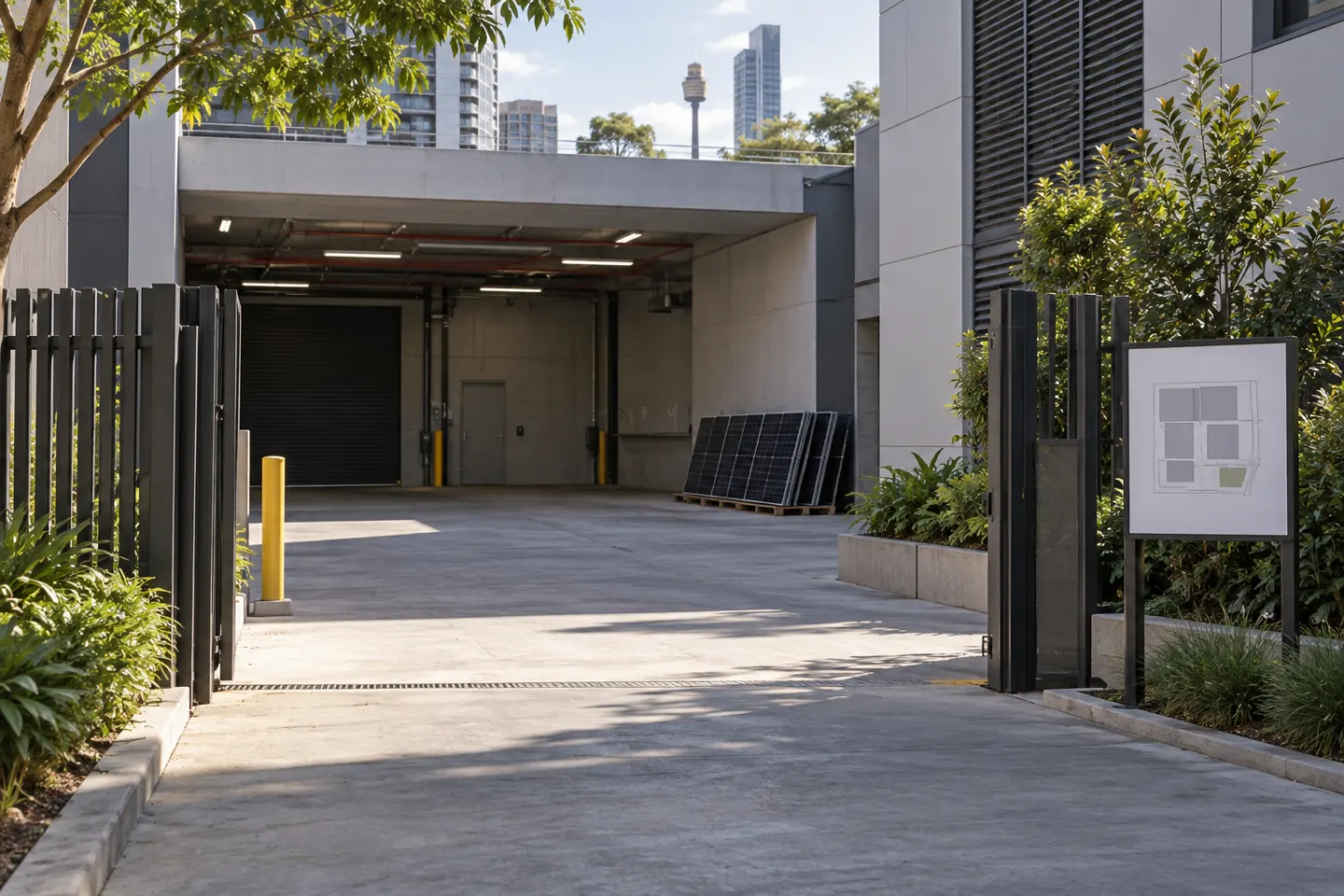 Commercial service entrance with a ground-level solar-panel staging area in the distance