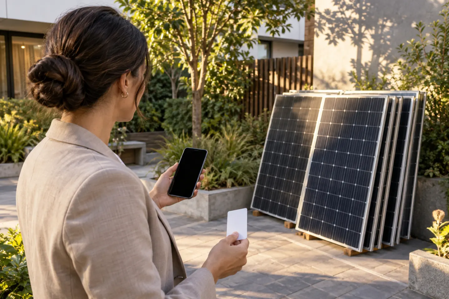 Property coordinator holding a phone beside a ground-level solar-panel batch