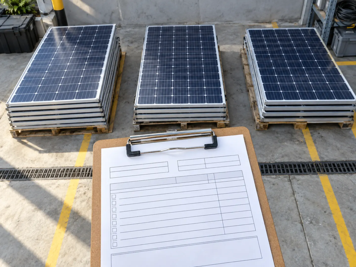 Clipboard beside separately staged solar-panel groups in a commercial service bay