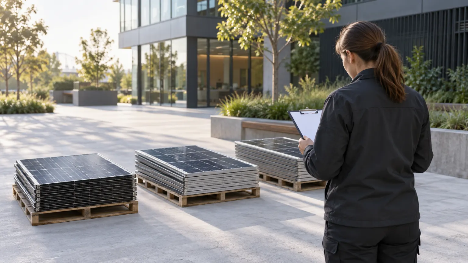 Facilities coordinator reviewing a clipboard beside separated solar-panel groups in a commercial courtyard