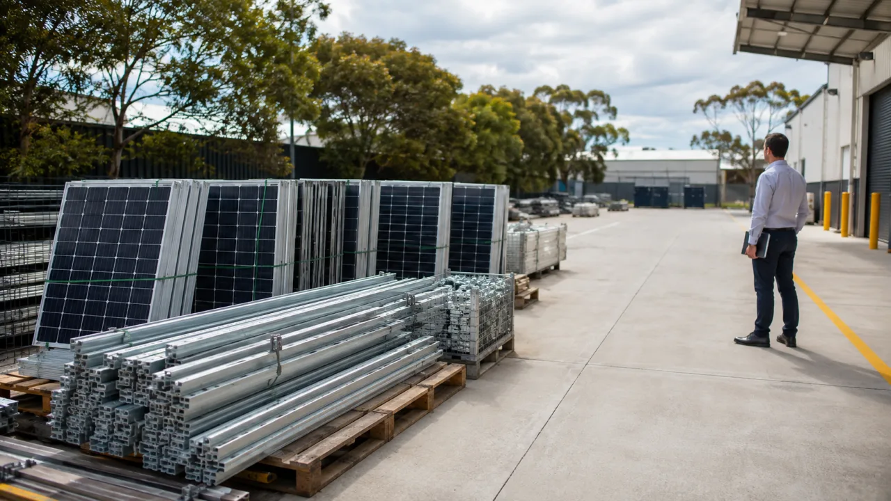 Separated removed solar components safely staged beside an unobstructed commercial loading access path